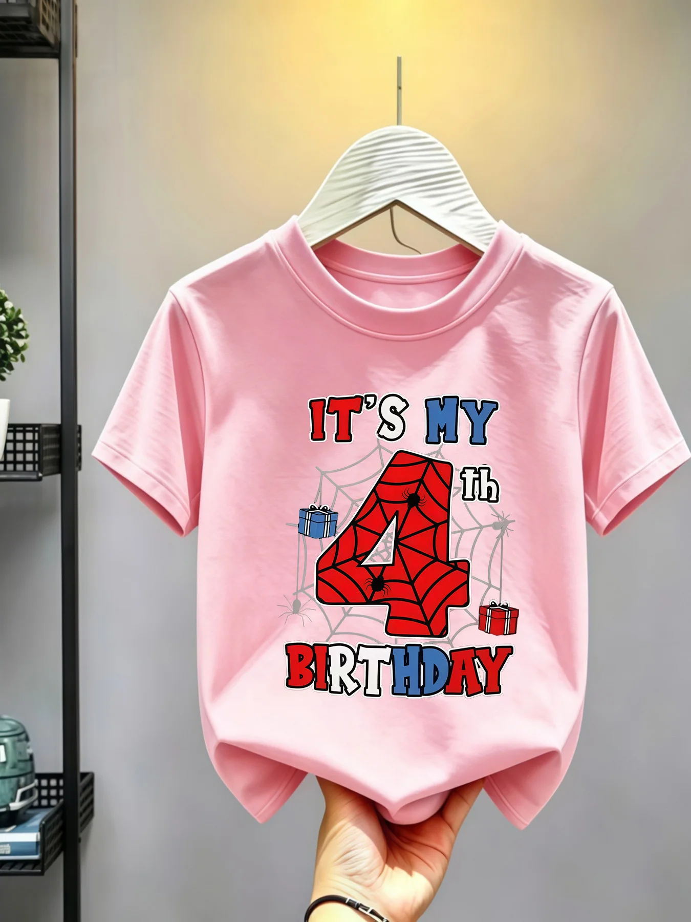 4Th Birthday Spider Web Gift Print Family Cotton Tee Summer New Fashion Pure Cotton Parent-child Short Sleeved Children's Tshirt