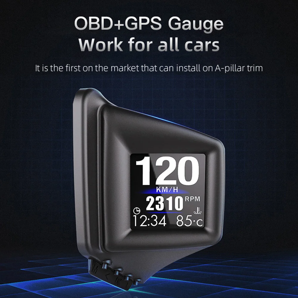 

Новинка 2024, гаджет HUD OBD2 + GPS A-pillar Trim RPM турбо давление масла Температура GPS Спидометр