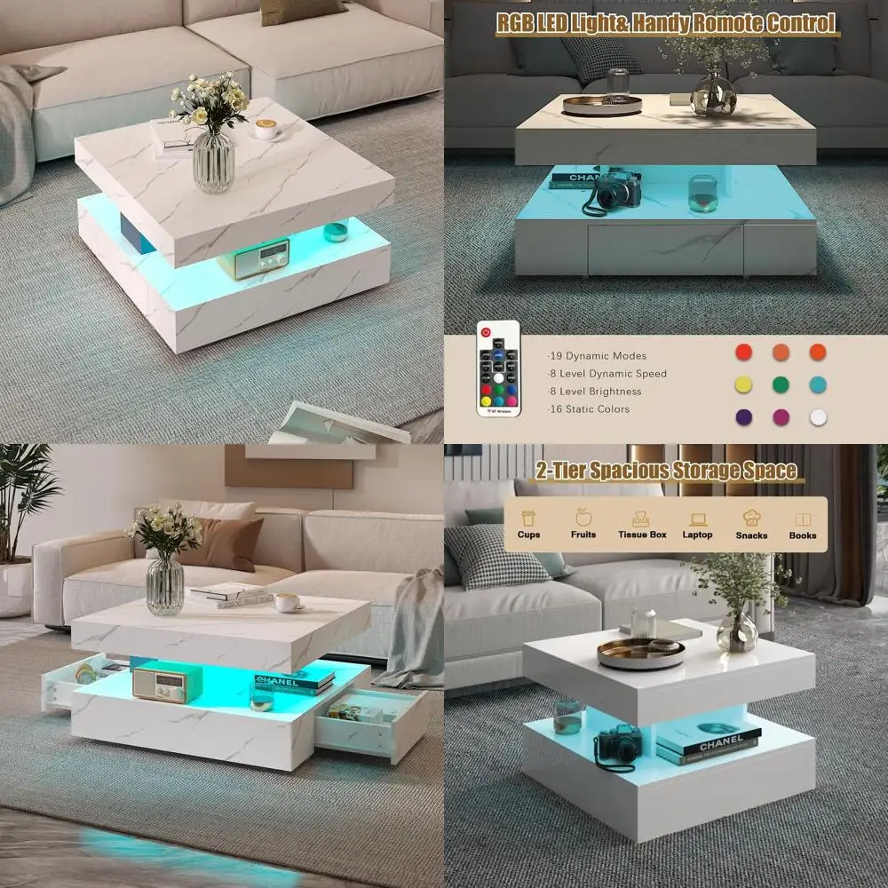 

Современный мраморный журнальный столик со светодиодной подсветкой и 2 ящиками для гостиной, квадратный центральный стол с 2-уровневым хранилищем, середина века