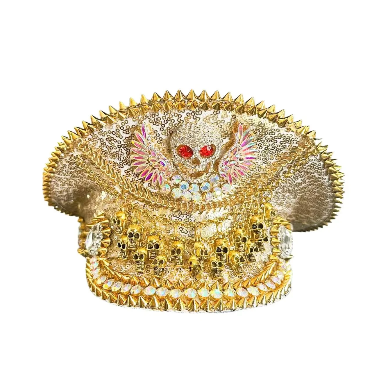 HongLuan Gelber Laser-Leder-Loop-Kapitänshut mit Strasssteinen und Militärkappen für Damen, Rave-Festivals-Accessoires und Partymütze für Herren