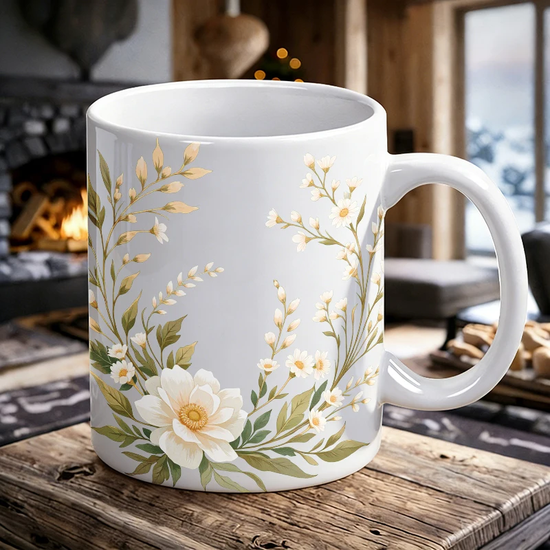 

1PCS Watercolor Floral Wreath Ceramic Mug, Coffee Cup, Milk Cup, Office Tea Cup, Drinking Cup, Does Not Fade, Gift for Friends