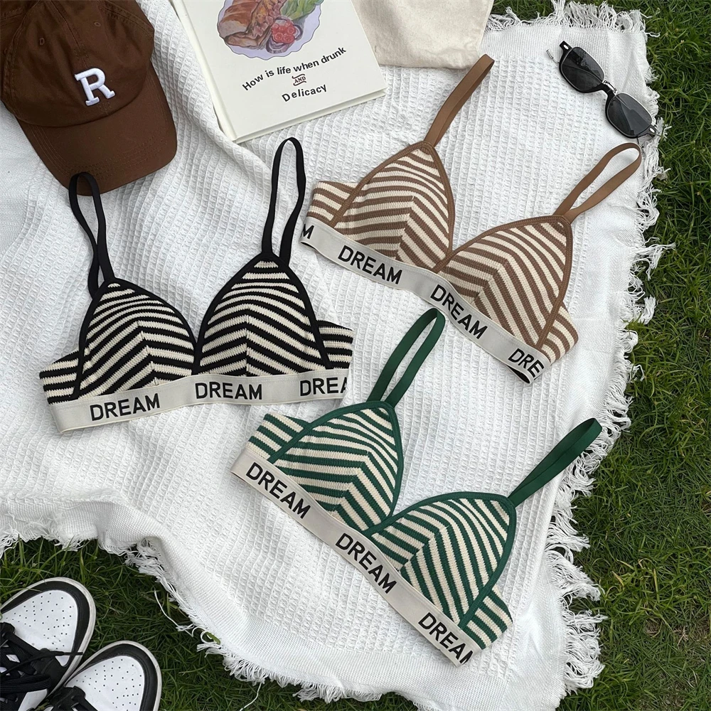 

Sexy No Wire Push Up Underwear Women Seamless Stripes Bra Girls Students Breathable Thin Bras Female Bra Letters Sports Lingerie