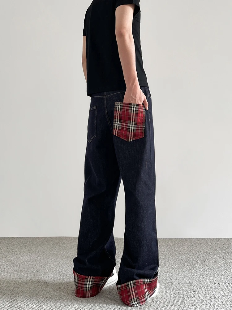 

American Retro Plaid Splicing Cuffed Denim Jeans Men's Women's High Street Straight Loose Fit Floor-Length Pants