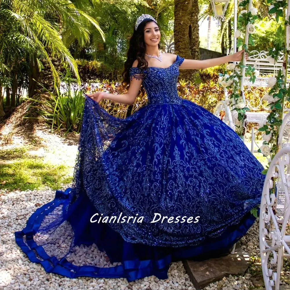 Royal Blue Glitter Crystal Quinceanera Dresses Ball Gown Off The Shoulder Beading Tassel Sweet 16 Vestidos De 15 Años