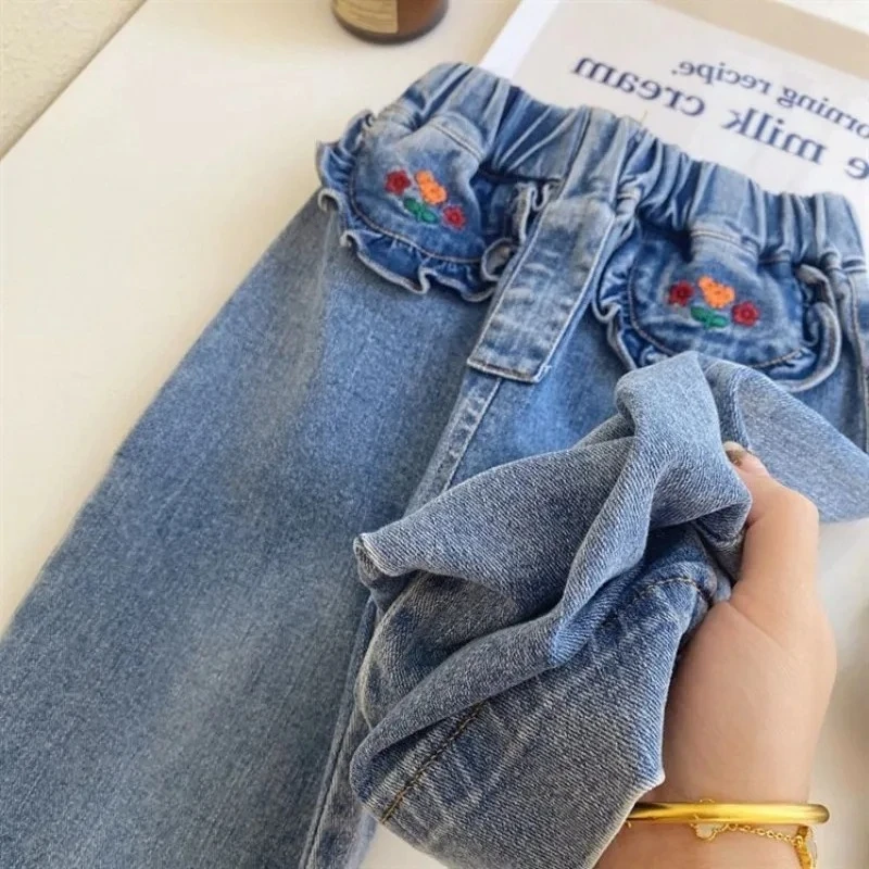

Baby Embroidered Flower Pants Summer Children's Stylish Wide Leg Pants Spring and Autumn New Girls' Loose Jeans