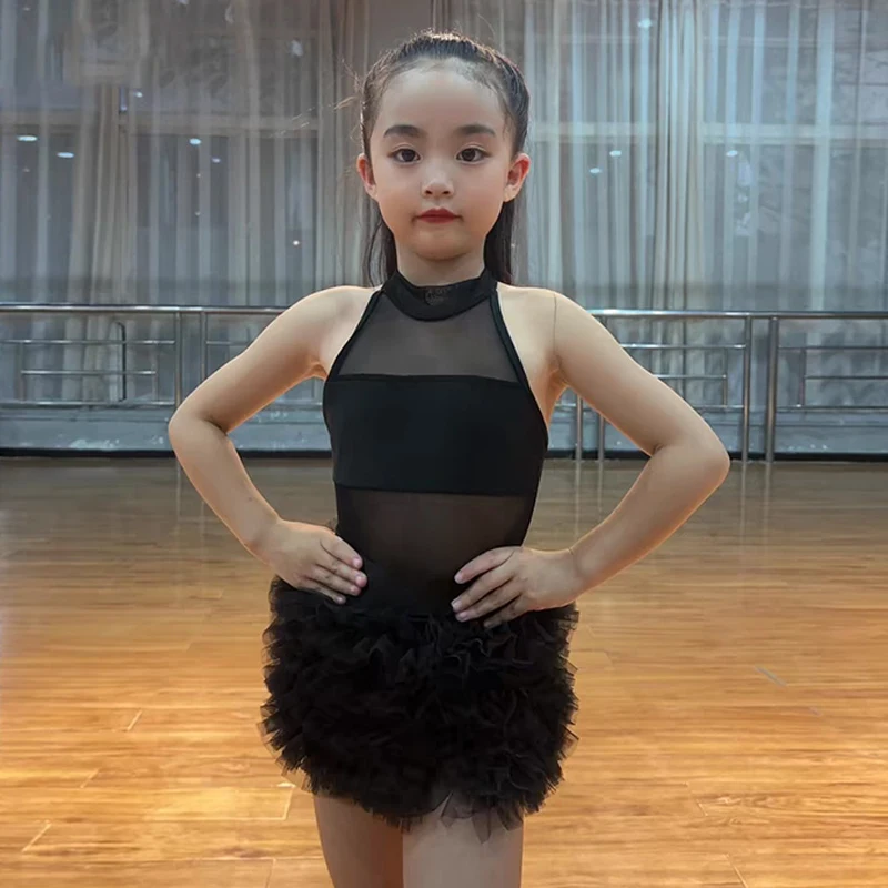 

Kids Latin Dance Practice Training Clothes Girls Sleeveless Black Dress Fluffy Skirt Kids Cha Cha Rumba Samba Dance Wear BL15708