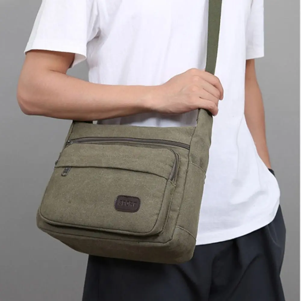 Portable Korean Style Men Messenger Bags Square Zipper Canvas Crossbody Bag Solid Color All-match Simple Phone Bag Men