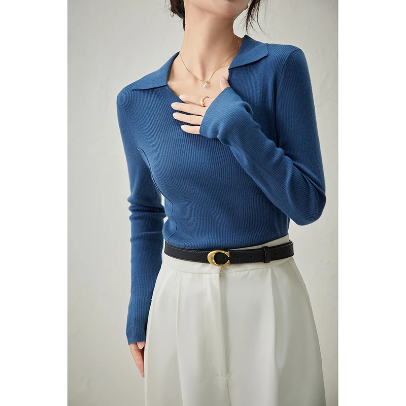 Cashmere pullover sweater autumn/winter casual solid color knitted sweater slim lapel ladies' Tops basic base wool Blouse