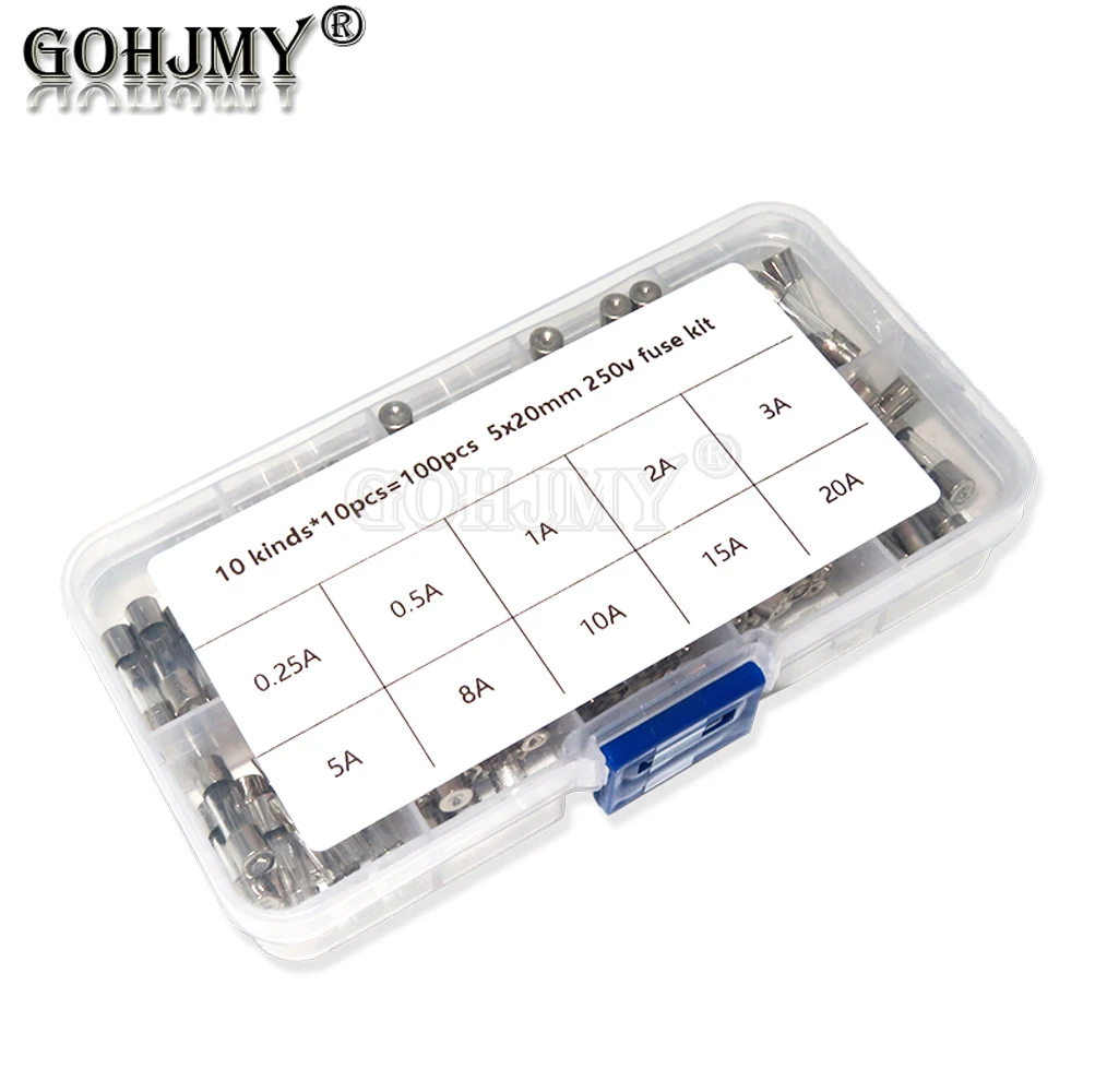 100pcs Set Kit 5x20mm 0.2A-20A Fuse Assorted Kits DIY Quick Blow Glass Tube Fast-blow Glass Fuses 0.25A 0.5A 1A 2A 3A 5A 8A 10A 