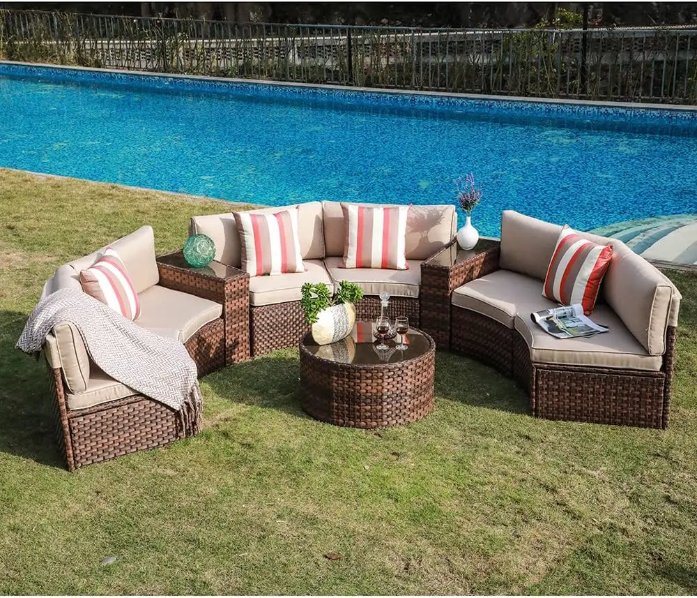 

Outdoor Patio 9-Piece Half Moon Curved Furniture Sofa Set Brown Wicker Sectional Sofa Beige Cushions w/2 Side Table &4 Pillows