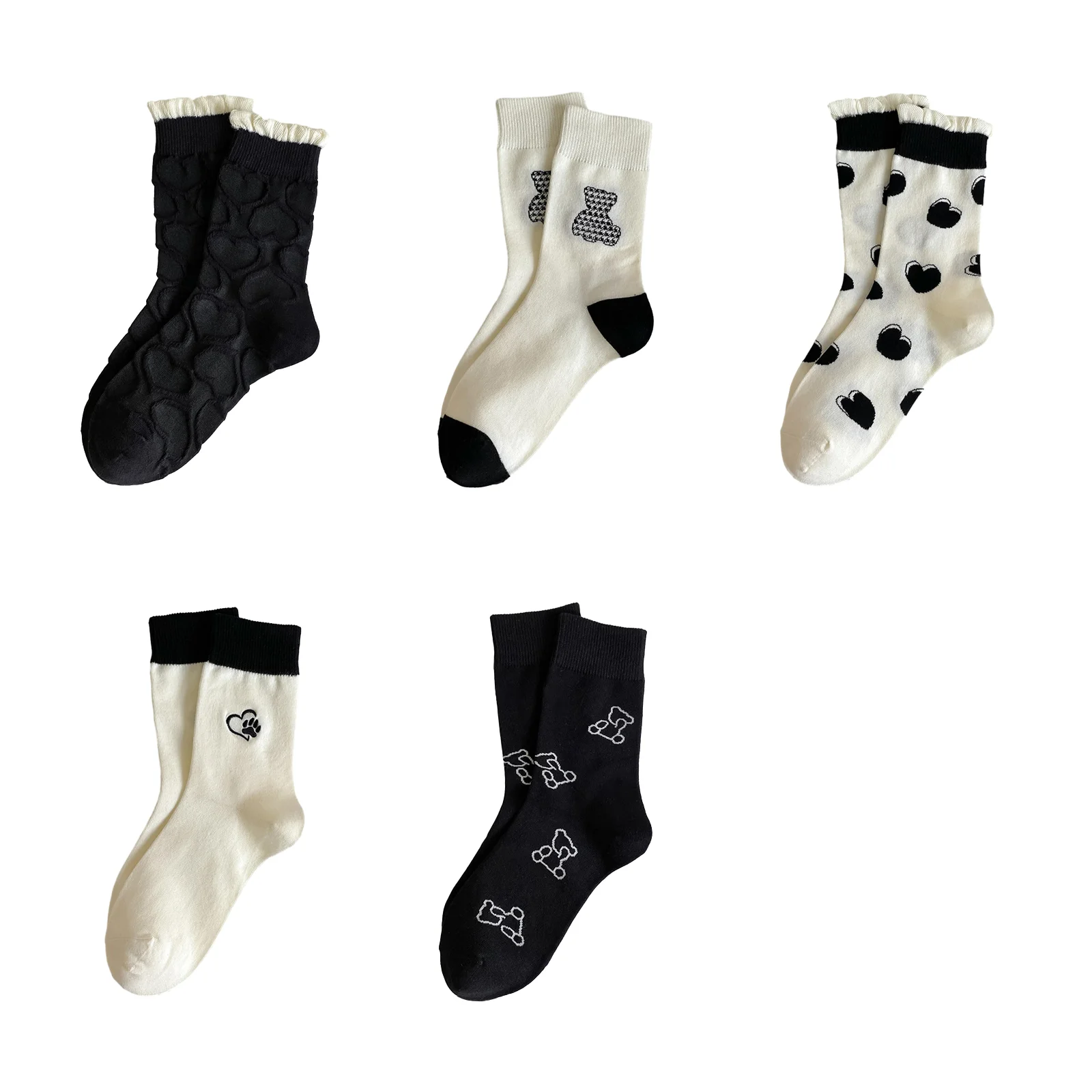 

Набор кружевных носков до середины икры для девочек в стиле Лолита: черные с сердечками/медведями, белые с сердечками/медведями-хрюшками, с отпечатками лап медведей.