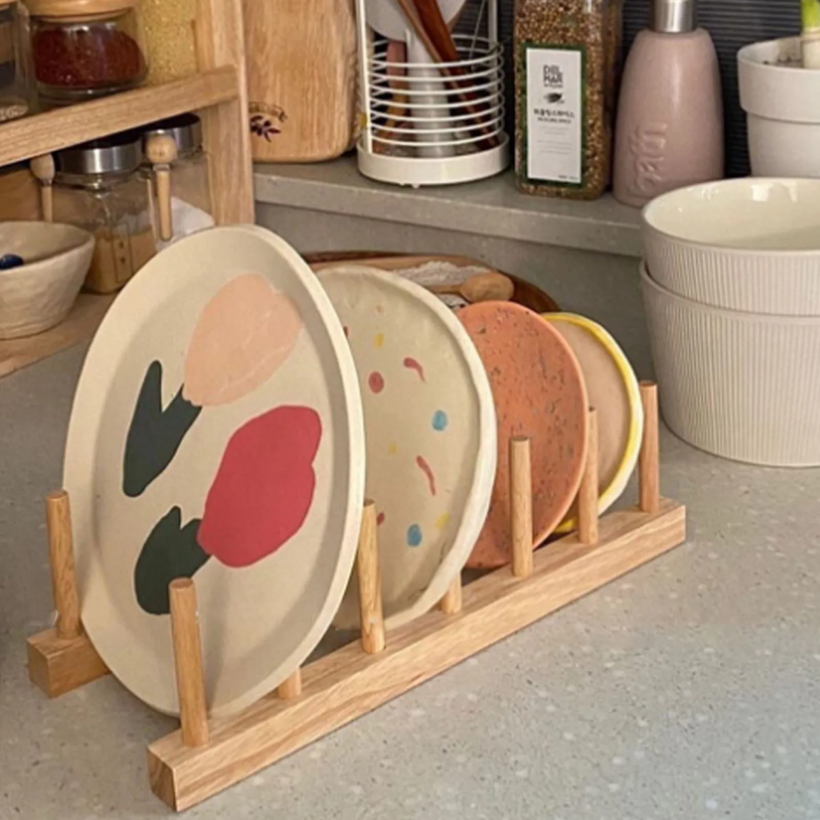Escurridor de platos vertical de madera con base estable, 6 rejillas, fácil de instalar, de madera de pino, para tablas de cortar.