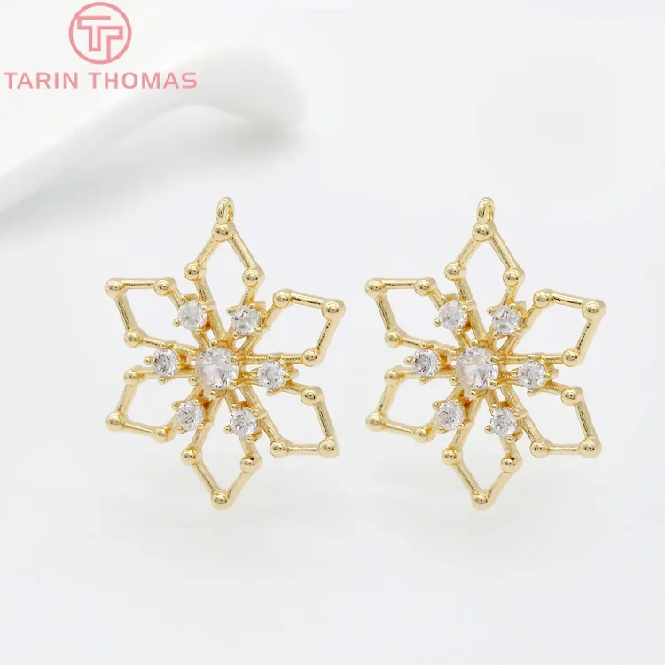 (954)4PCS 18x22MM Hole 1MM 24K Gold Color Plated Brass with Zircon Snowflake Charms Pendants High Quality Diy Jewelry Accessorie