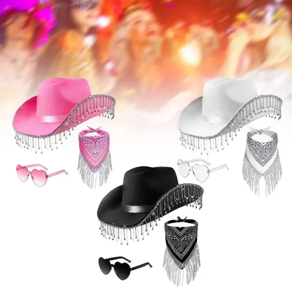 

3pcs/Set Bandana Stage Performance Hat Heart Sunglasses Rhinestone Tassel Western Cowboy Hat Solid Color Wide Brim