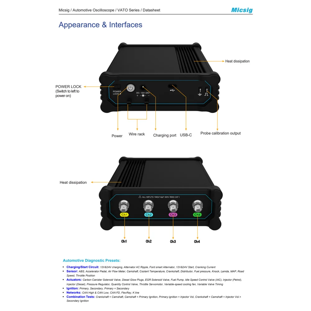 Micsig Split-type Automotive Oscilloscope VATO2004 200Mhz 4 Channels 50Mpts 1GSa/S Multi Functional Diagnostic Scope