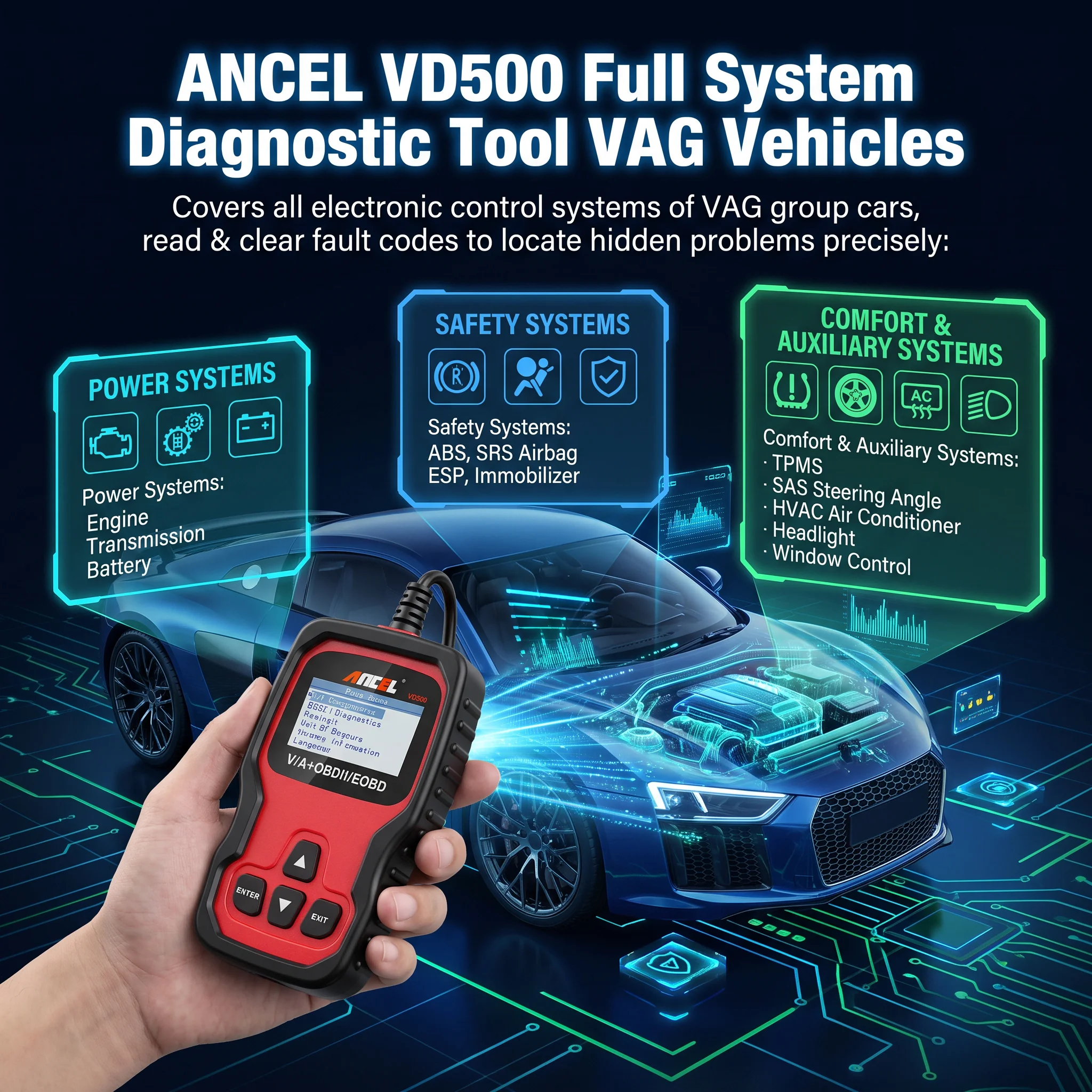 ANCEL VD500 OBD2 Scanner Car Diagnostic Tool Full System Scan Code Reader for VW Audi Skoda Seat Oil Reset EPB Throttle Adaptati