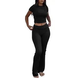 Women's 2 Piece Casual Workout Solid Color Outfits Slim Short Sleeve Round Neck Tops Low Rise Flare Leggings Sets Yoga Sweatsuit