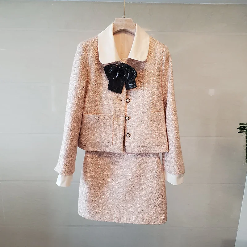 Autumn Winter Small Fragrant Sweet Bow Women Suit Sequined Long-sleeved Coat + Skirt Fashion Office Lady Tweed Two-piece Set