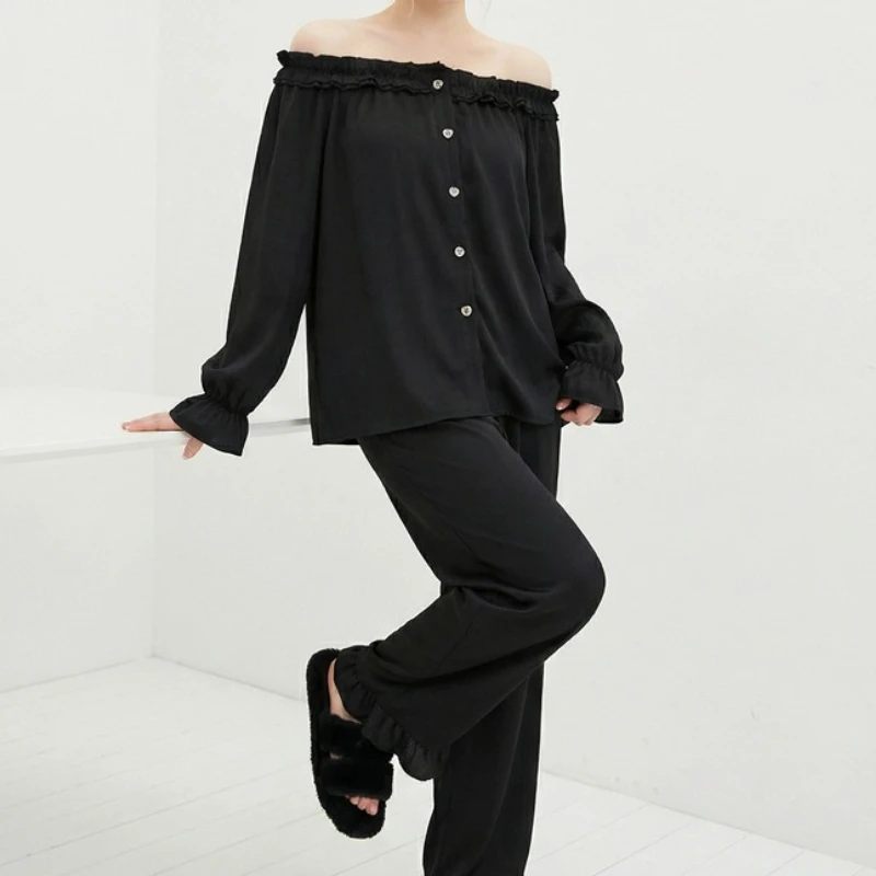 

Женский пижамный костюм из высококачественного охлаждающего шелка с длинными рукавами и брюками, однотонный, во французском стиле, для дома, весна-осень