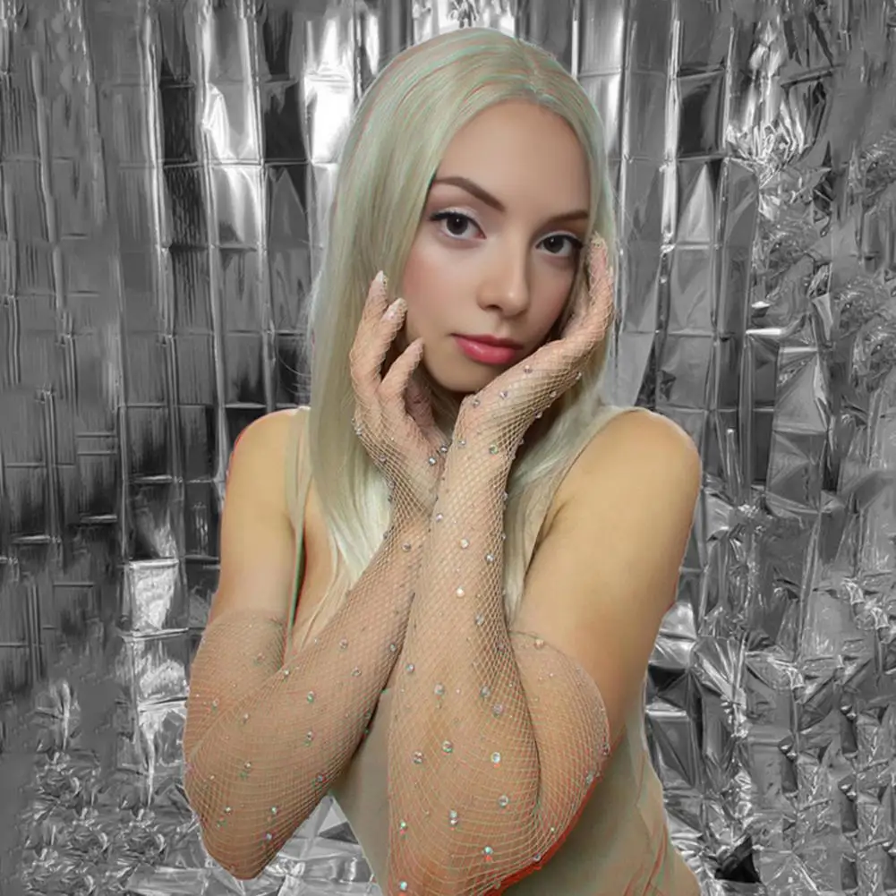 

Длинные перчатки в сеточку со стразами для женщин, блестящие сетчатые перчатки до локтя для рейв-вечеринки, аксессуары для свадебных костюмов на Хэллоуин