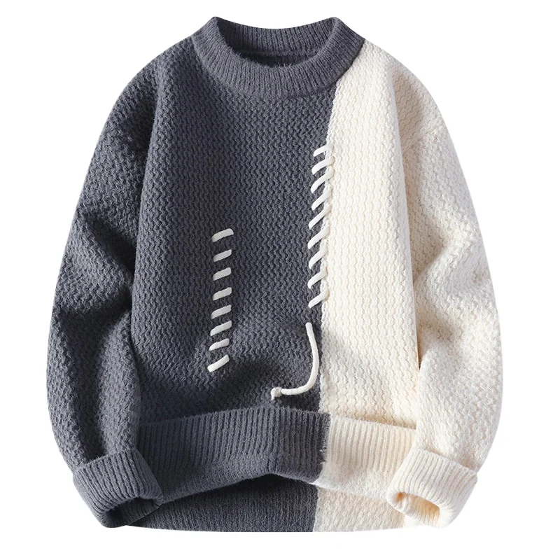 Suéter de punto de bloque de Color Retro para hombre, cuello redondo, ajuste holgado, costuras decorativas, Jersey informal para hombre, prendas de punto