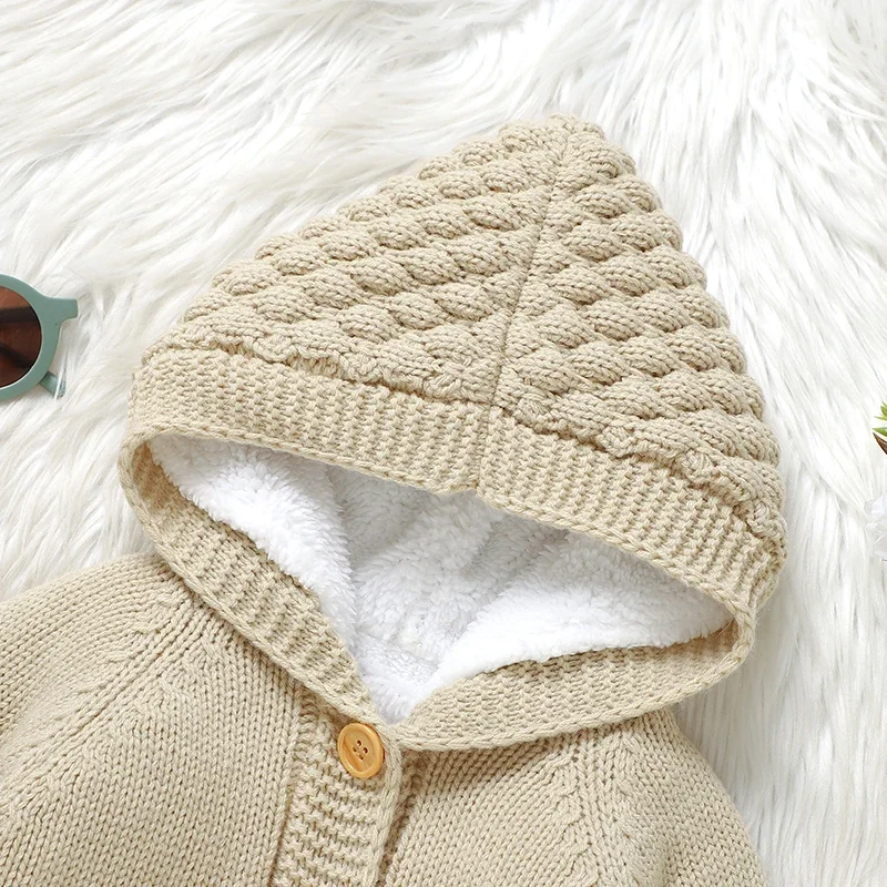 Inverno Pagliaccetto Del Bambino Manica Lunga Neonato Ragazza Ragazzo Tuta Lavorata A Maglia Moda Con Cappuccio Infantile Vestiti Del Bambino 0-18M Tuta In Pile Caldo