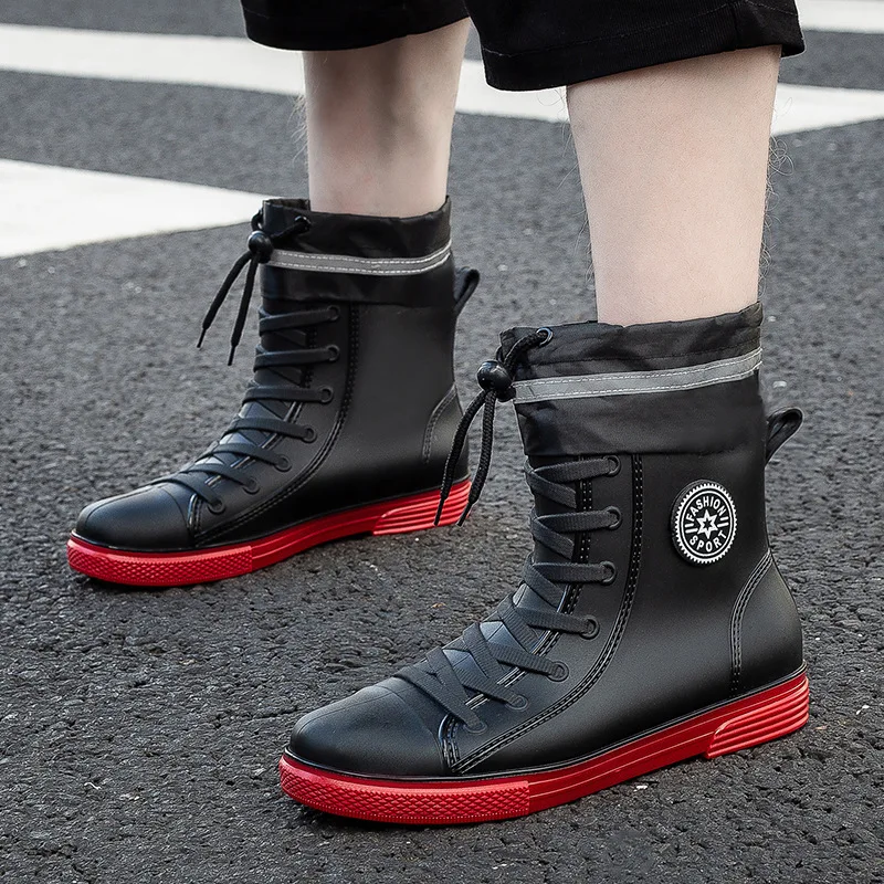 

Rain Boots Man's Fashion Ankle Bootias Round Toe Plarform Boots Outdoor Non-slip Slip on Rain Shoes Men Fishing Boots zapatos