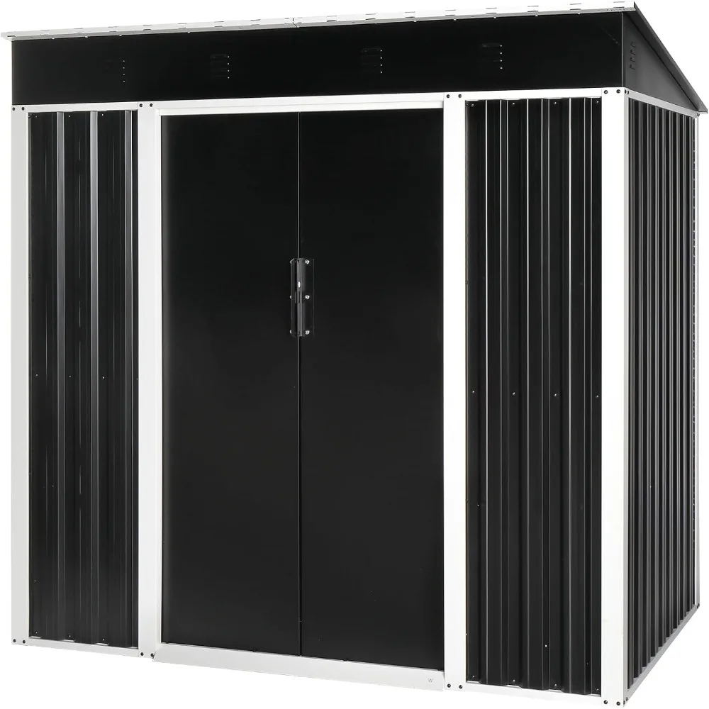 سقيفة تخزين معدنية خارجية مقاومة للعوامل الجوية مقاس 6 × 4 أقدام مع باب قابل للقفل وسقف مائل للفناء والأدوات
