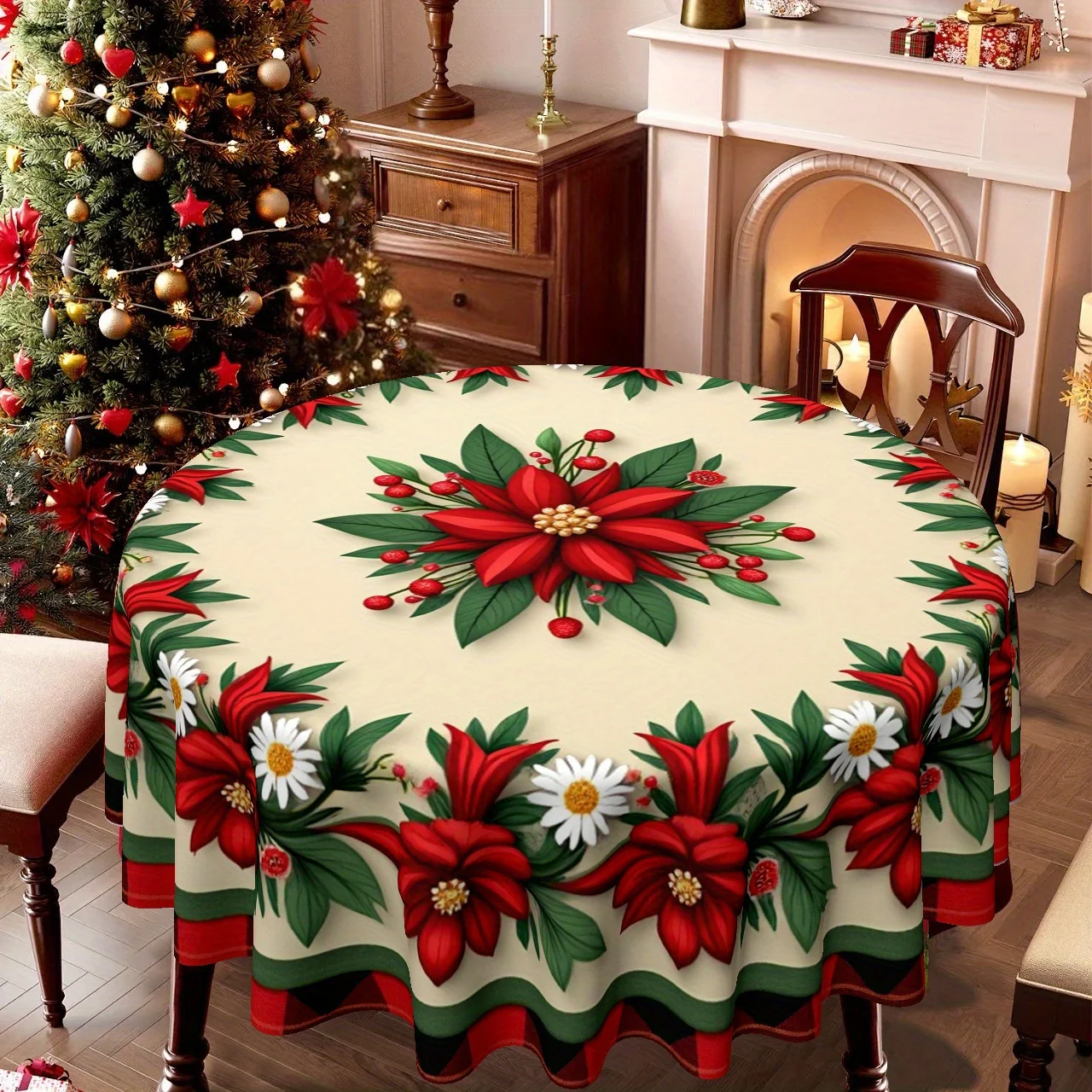 round tablecloth with Christmas theme, with Christmas flowers and daisies, perfect for family kitchens and dining rooms.