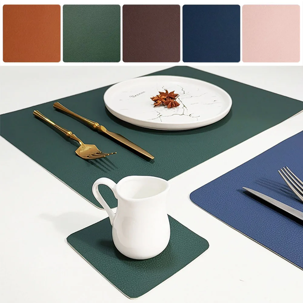 Kitchen Table Mat Double-Sided Colors Faux Leather Placemats Dual Sided Place Mats Simple Rectangle PU Leather Square Coasters