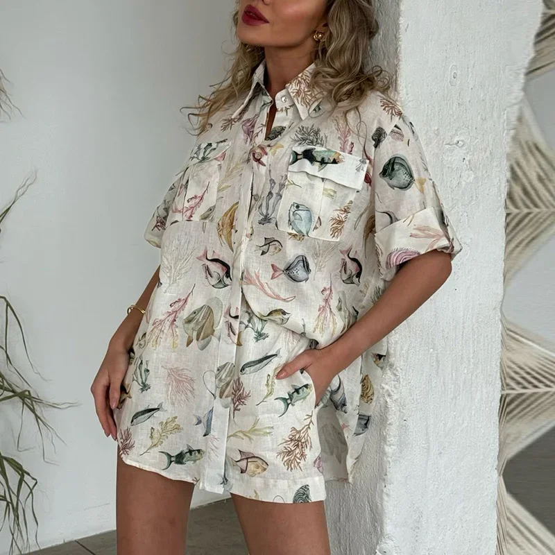 2024 Summer Casual Short Sleeve Print Button Shirt Blouses High Waist Shorts Suit Women Fashion Two Piece Set