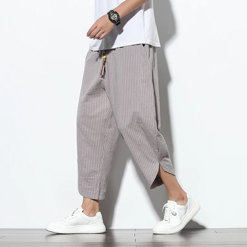 2024 Summer Casual Men\'s Pants Harajuku Striped Baggy Pants Cotton Linen Wide Leg Harem Trousers For Men