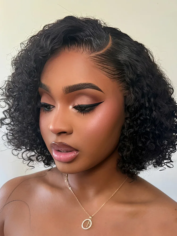 

Парик Lekker из 100% натуральных человеческих волос, длинный, в стиле пикси, афро, кудрявый, боб, с C-образным пробором, на кружевной основе, для женщин, без клея, из бразильских волос Реми, черный.