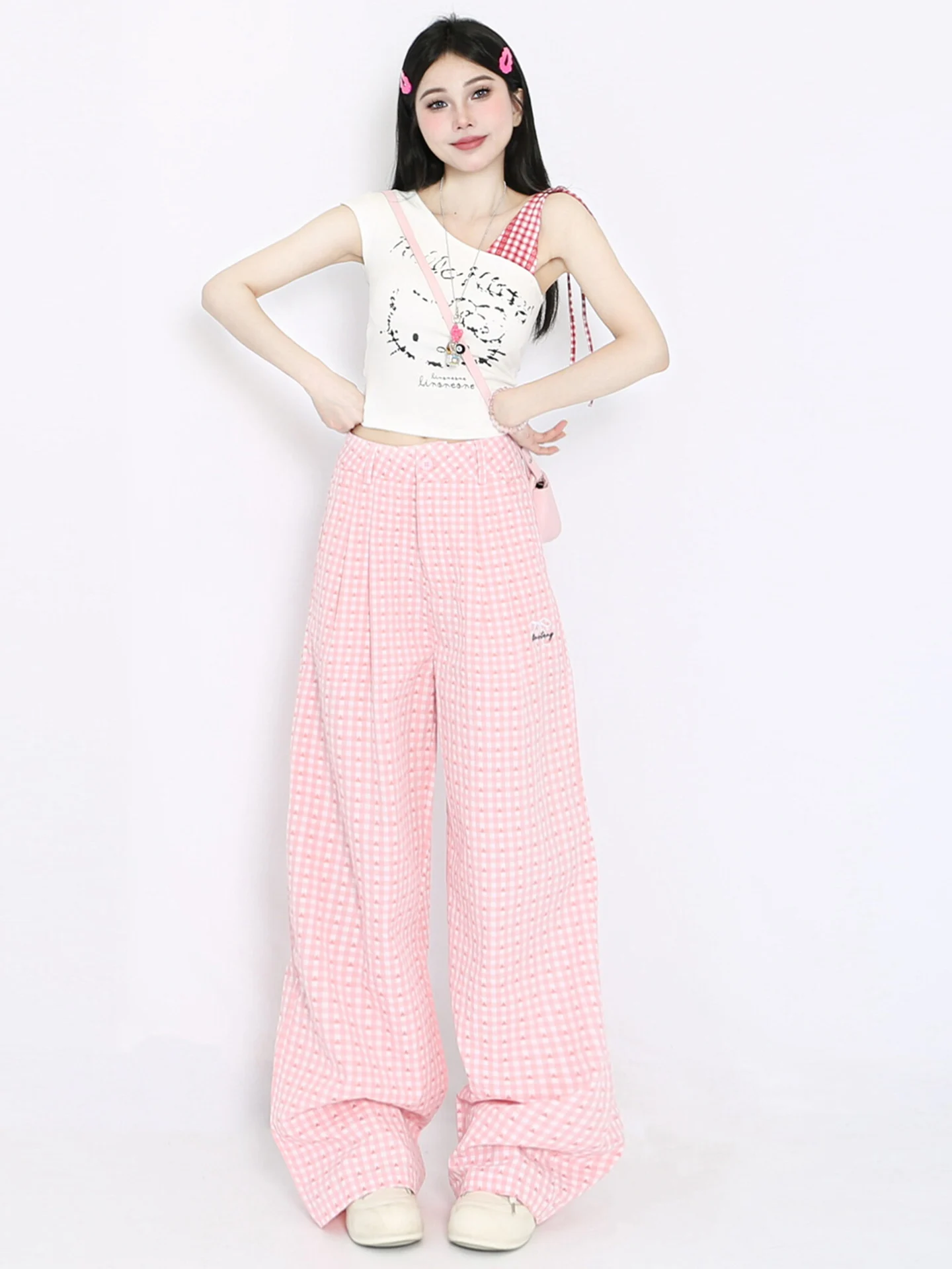 Dopne retro fino calças casuais das mulheres verão novo rosa xadrez doce irmã perna larga em linha reta calças compridas coreano sle simples