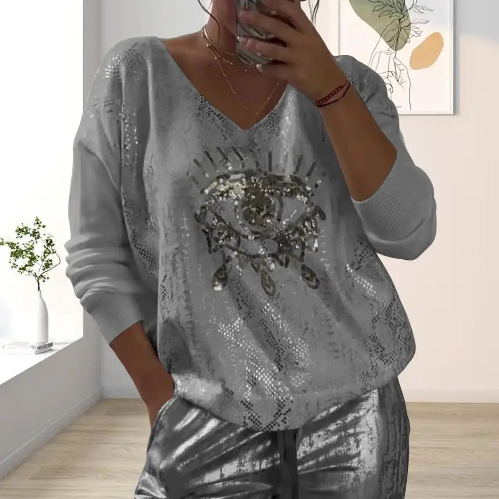 Women Loose Fit Long Sleeve Top Stretchy Women Sweatshirt Stylish Women's Sequin Eye Decor Sweatshirt Long Sleeve for Women