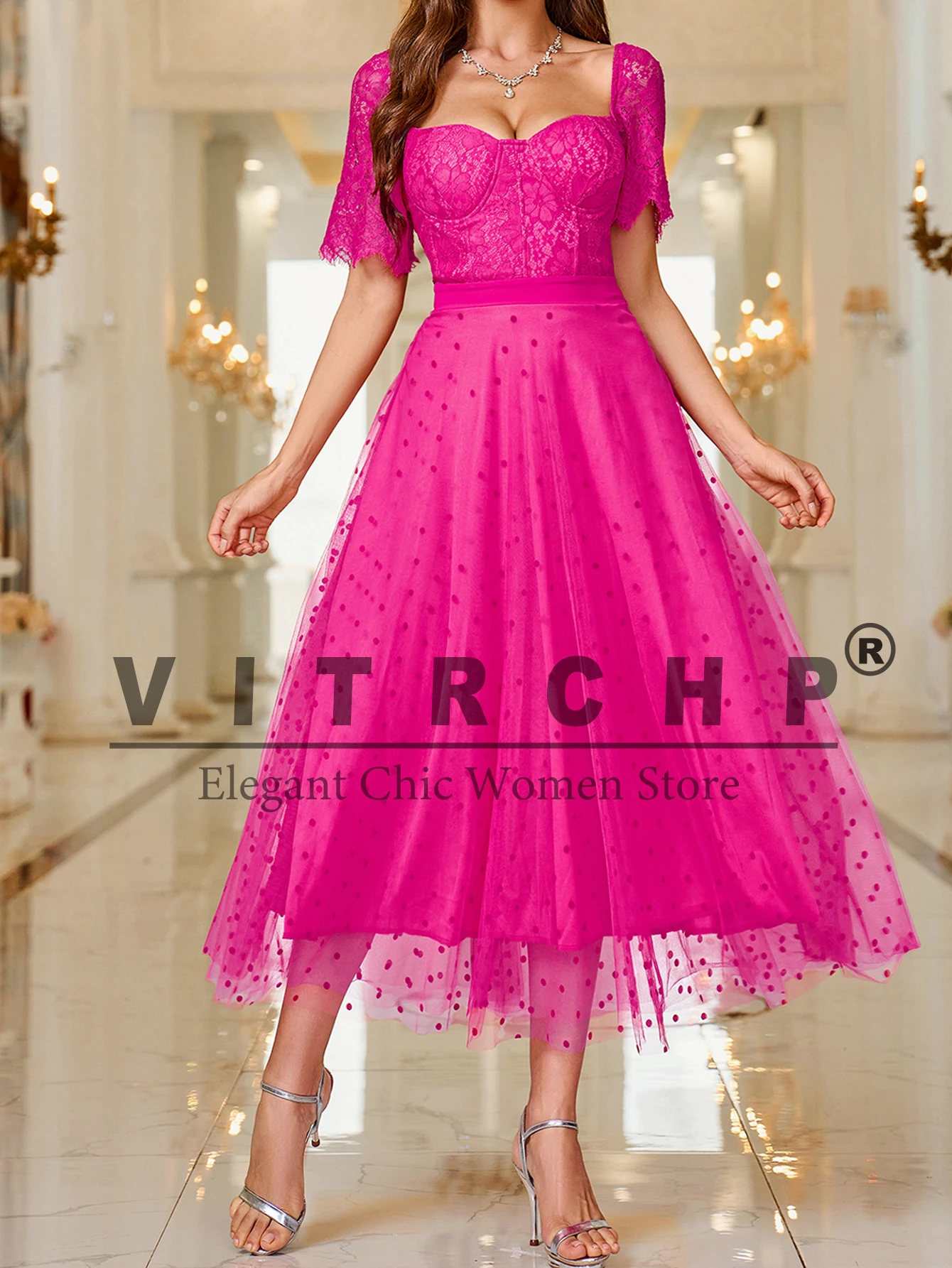 VITRCHP Formal Occasion Costume Bridesmaid Dress Lace Bodice Chiffon V-neck Maxi Dress Wedding Party Dress