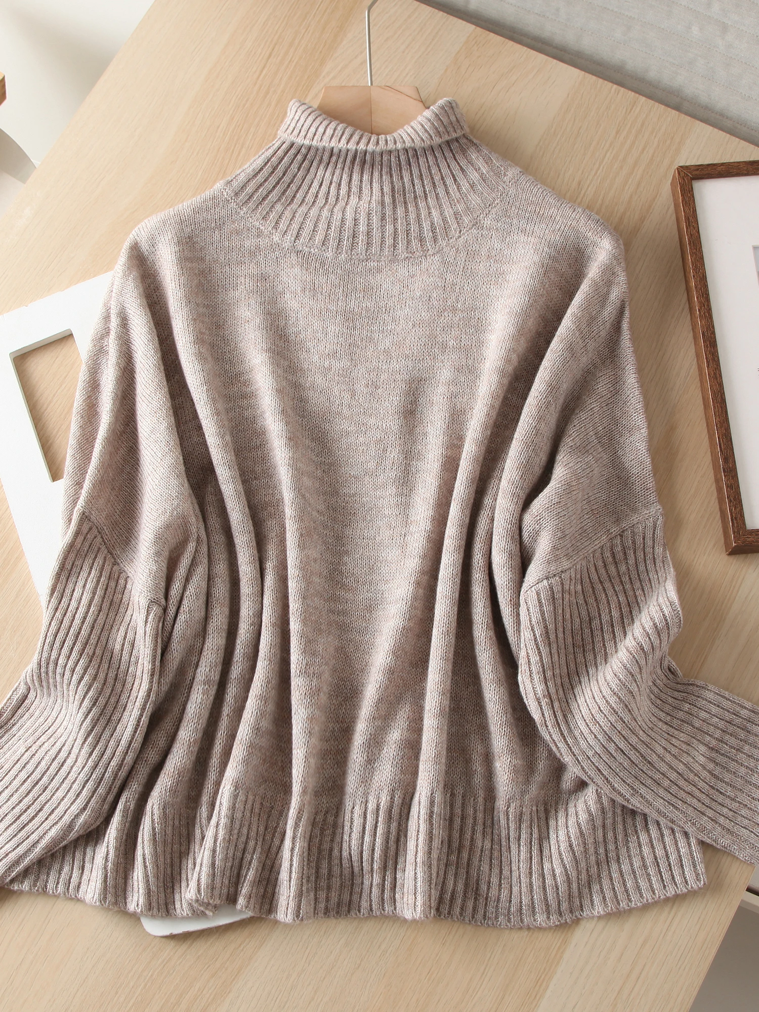 

Свободный вязаный свитер с высоким воротником «летучая мышь» для женщин, тонкий шерстяной свитер, удобный теплый длинный свек