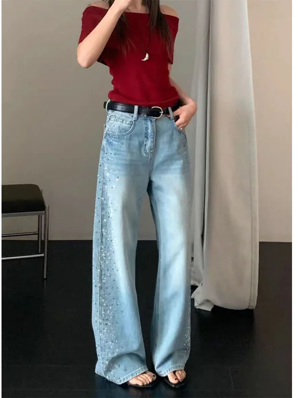 

American Heavy Du iny Rhinestone Wide Leg Jeans Women's High Waist Loose Slimming Casual Straight Floor-Length Pants