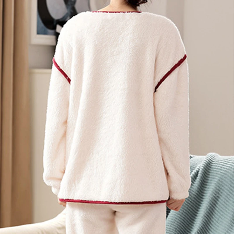 Basic Lapel Cardigan Loose Pant Women\'s Pajamas Set New Winter White Fashion Long Sleeved Flannel Pajamas Female Sleepwear Set