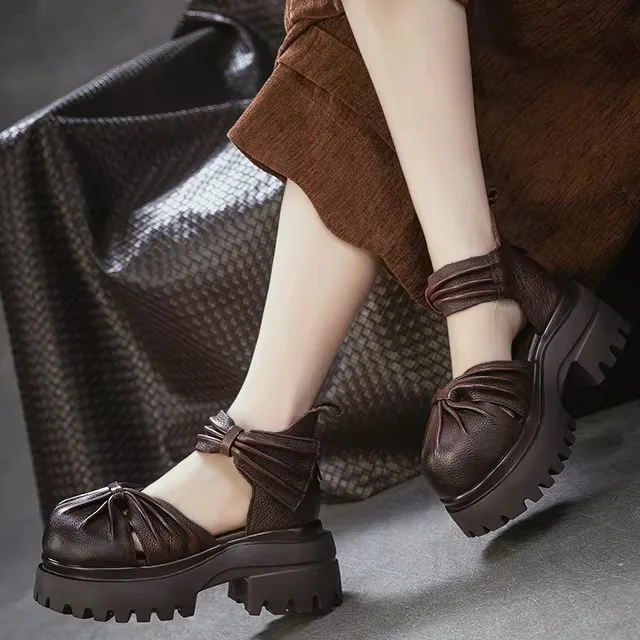 

Genuine Leather Folded Head Cover Sandals Thick Bottom Casual Shoes Vintage Style High Heel Chinese Production Summer Season