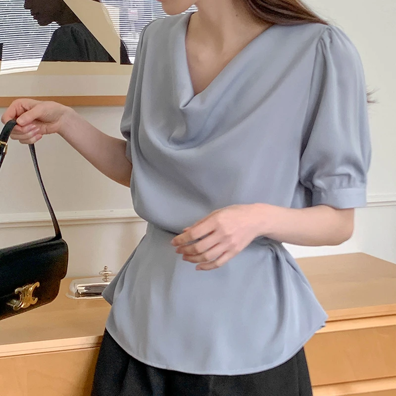 Fashion Irregular V-neck Lace-up Shirts Women Waist-cinching Slim Tops Blouse Elegant Loose Casual Blouse Apricot, Sky Blue