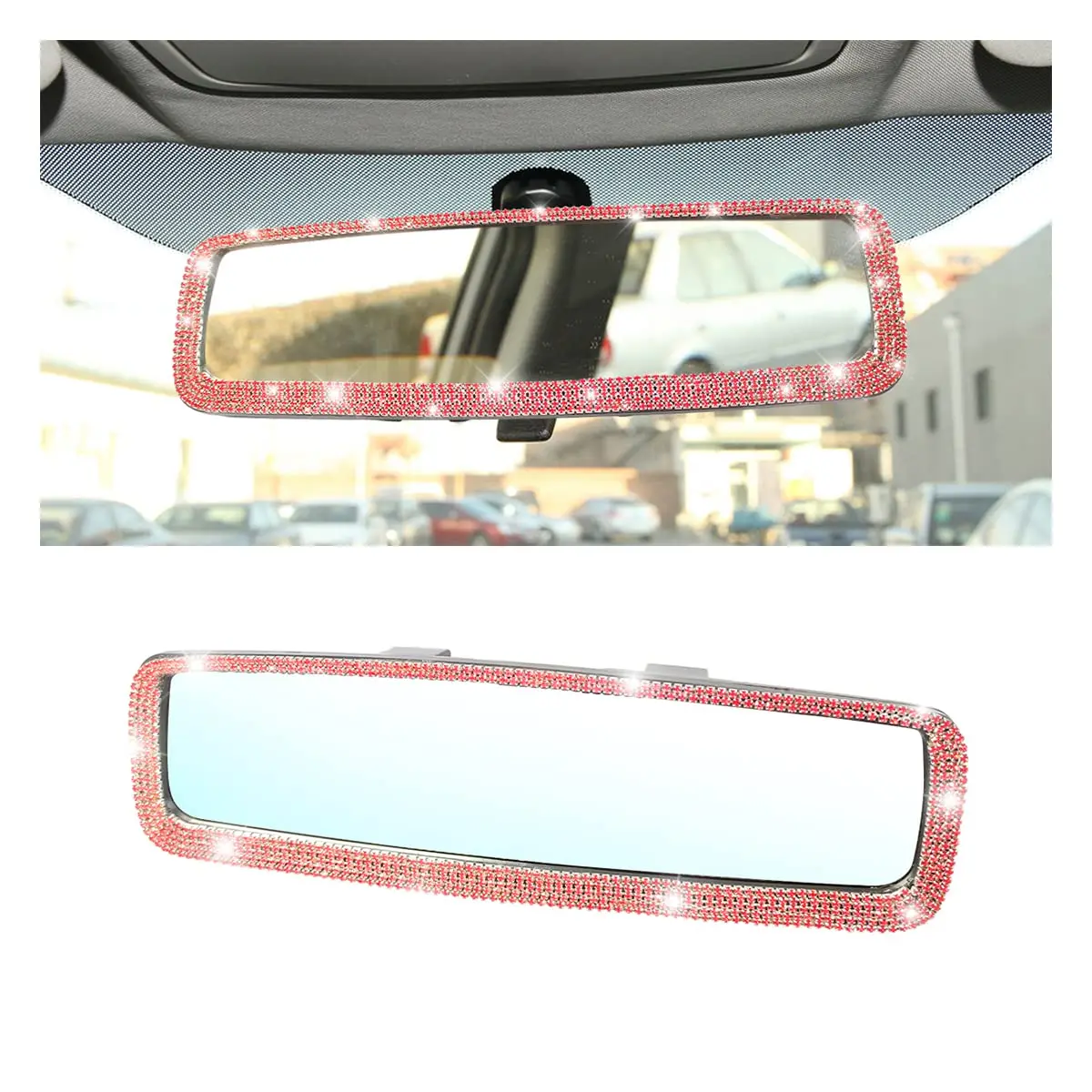 

Universal Clip-On Car Rearview Mirror With Red Rhinestone Bling Frame And HD Reflective Glass