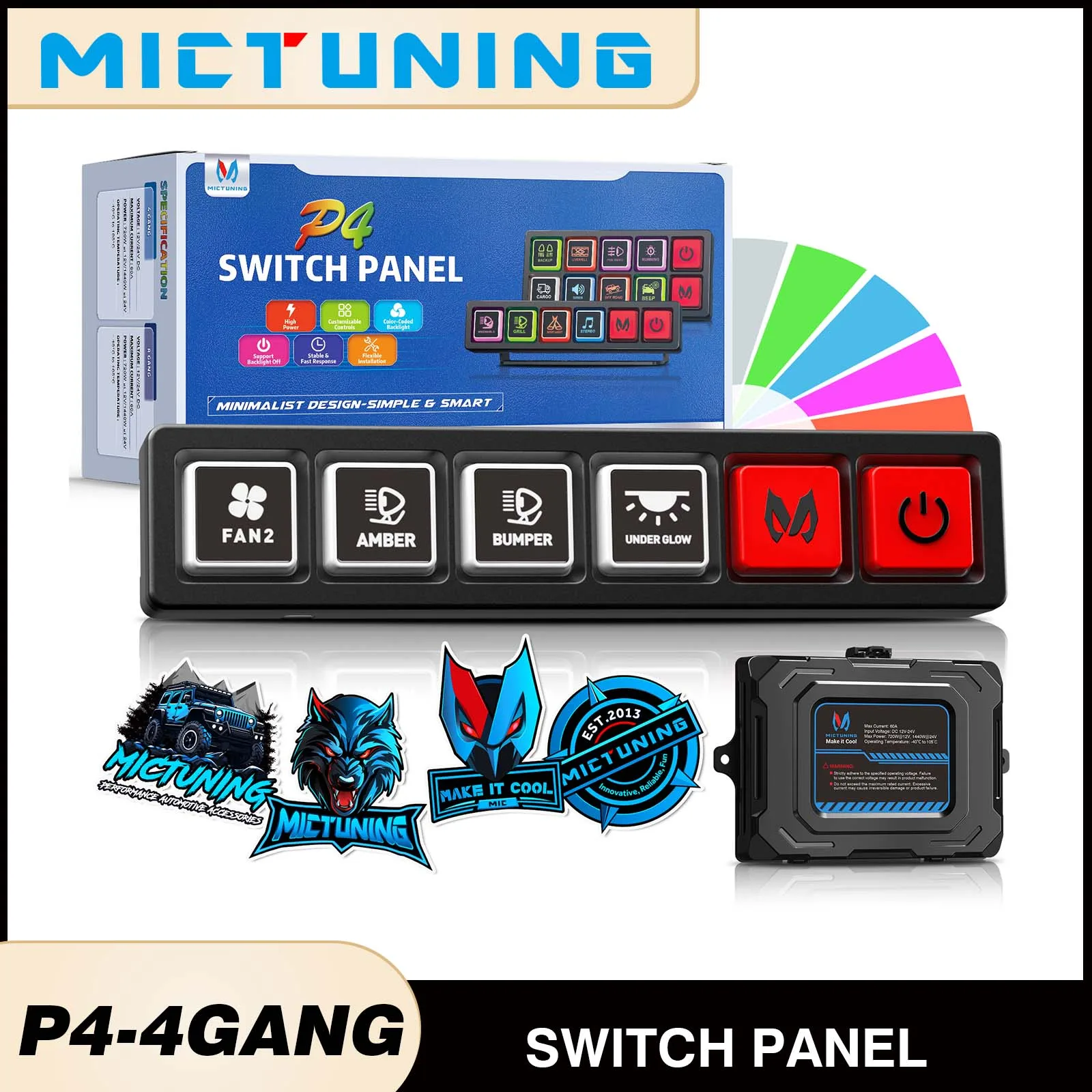 

Панель переключателей MICTUNING P4 RGB с 4 клапанами, большие силиконовые кнопки со светодиодной подсветкой, сенсорная панель вкл-выкл для автомобиля, пикапа, UTV