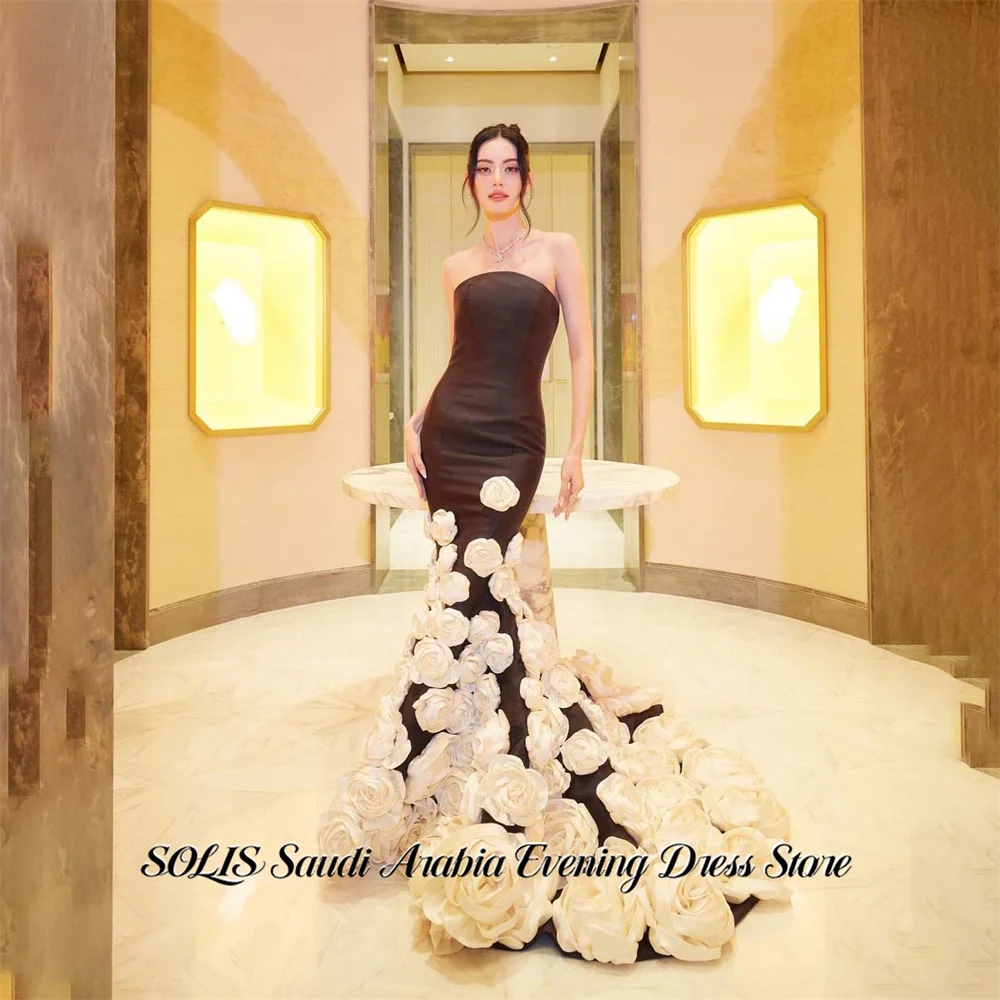 SOLIS Black and White Evening Dresses Strapless Mermaid Prom Dresses with 3D Flowers Party Formal Gown robe de bal Customized