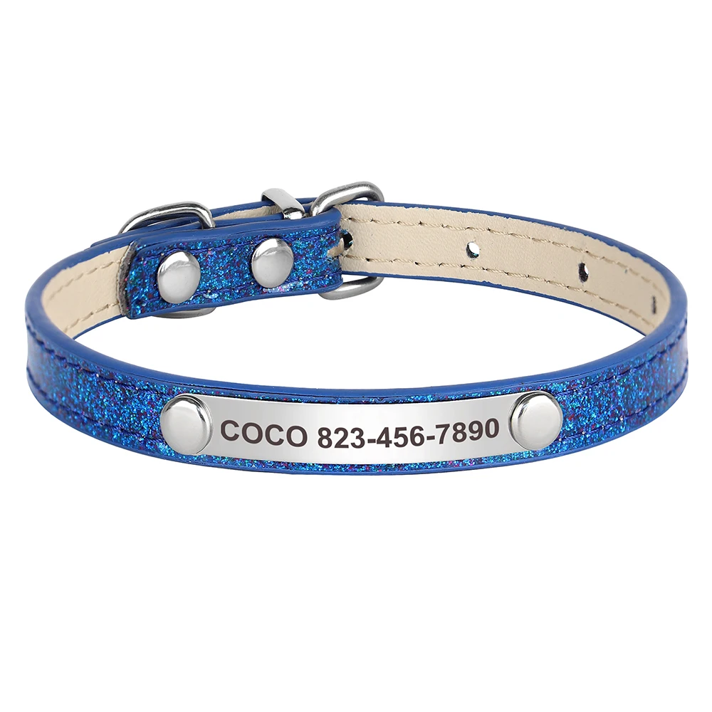 Collier de chat personnalisé en cuir PU scintillant, collier d'identification gratuit pour chiot et chaton, réglable pour chats et petits chiens