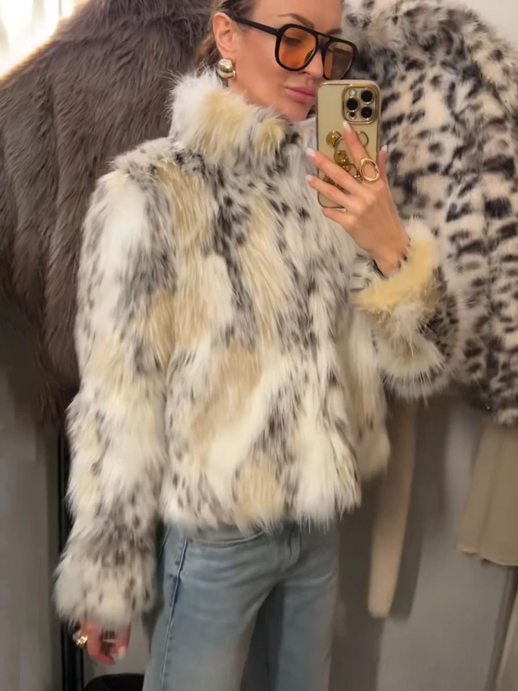 HH Mode Vrouwen Winter Nepbont Effect Jas Hoge Kraag Lange Mouwen Print Uitloper 2025, Vrouwelijke Warme Street Style Jas