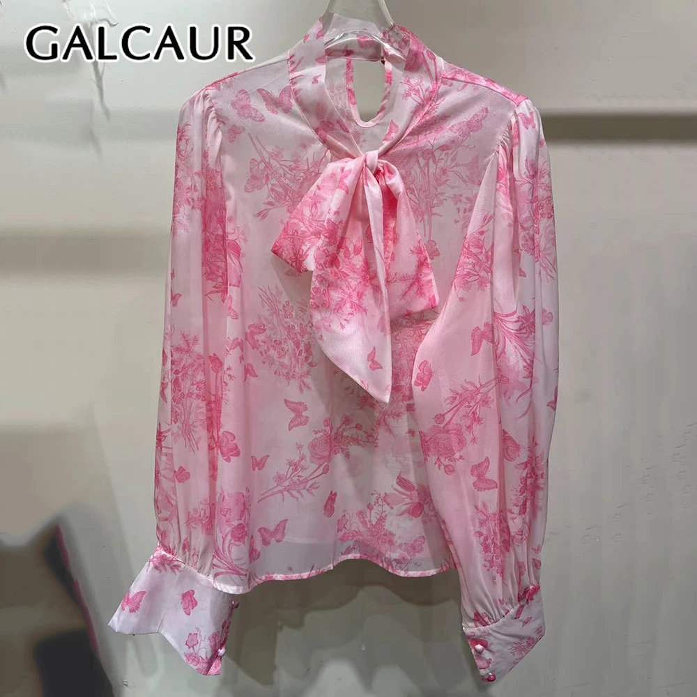 

GALCAUR Hit Color Sheer Spliced Printing Blouses Forwomen Round Neck Long Sleeves Patchwork Lace Up Blouse Female Fashion Style