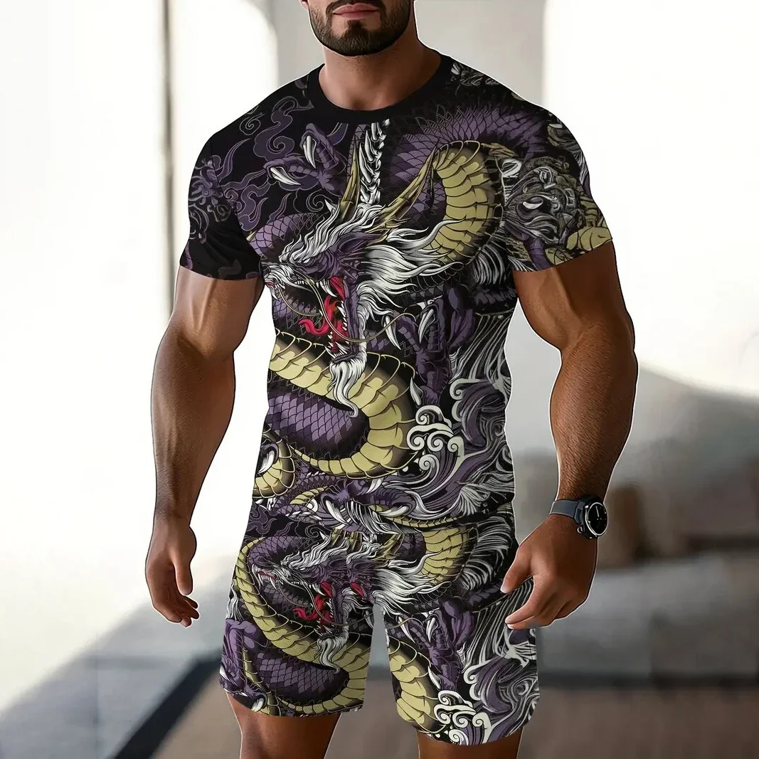 

Summer Men's Tee Sets Dragon Pattern Print Casual Short Sleeve Pullover LionT-shirts Pants Set Outdoor Male Overszied Clothing