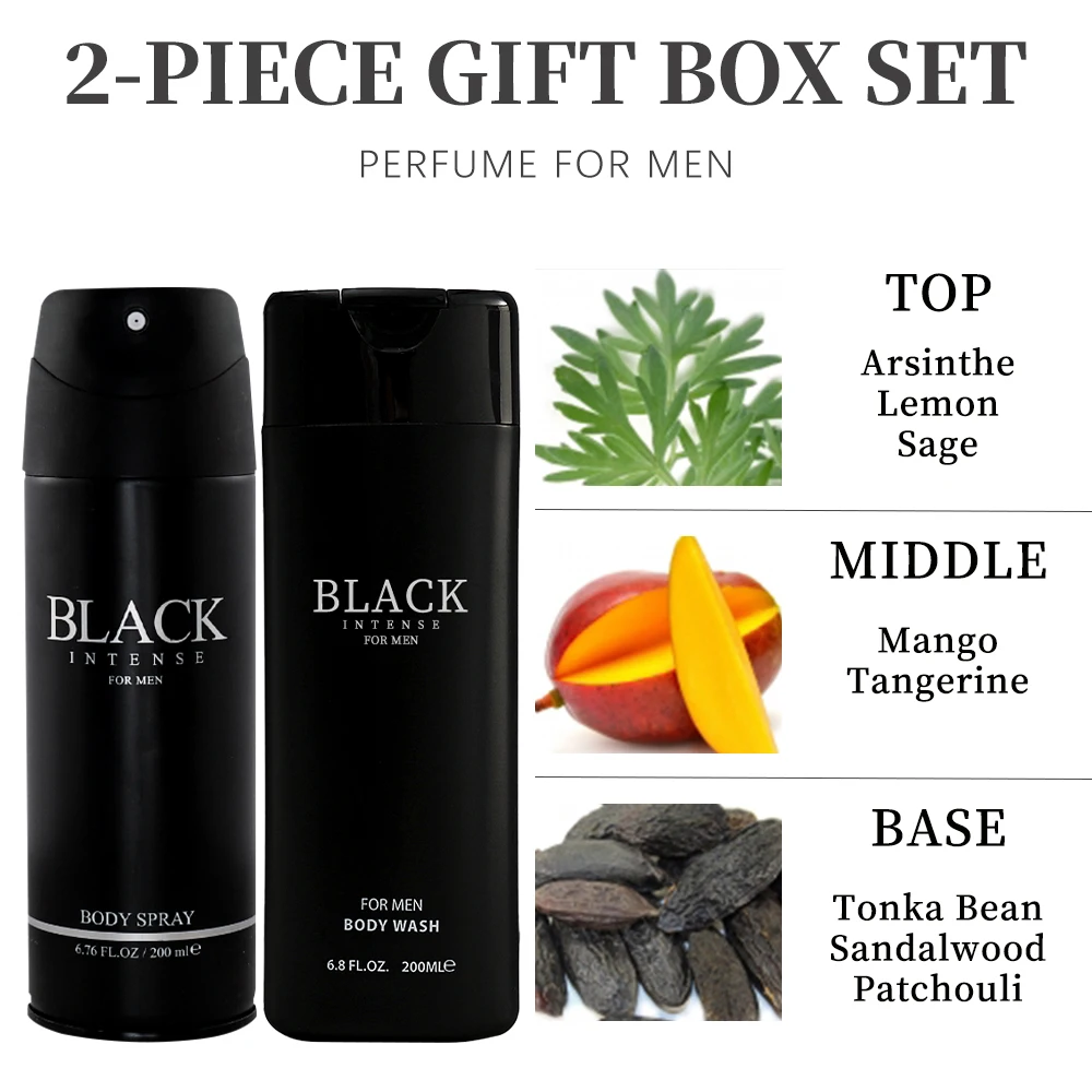 Men's Body Fragrance Set Body Spray and Wash Gift Box, 6.8 FL.OZ Mist, 6.8FL.OZ Body Wash, BLACK INTENSE 2Pcs Set Long Lasting