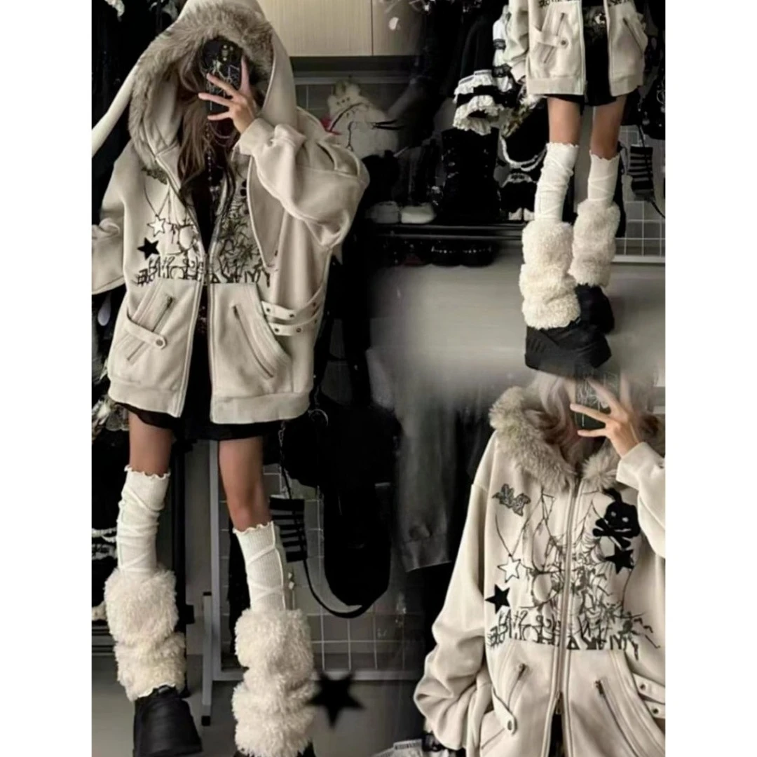 

Пальто Subculture, винтажная повседневная куртка с капюшоном и длинным рукавом с принтом, Harajuku Kawaill, толстовки в стиле ретро 2000-х годов, шикарные топы в американском стиле